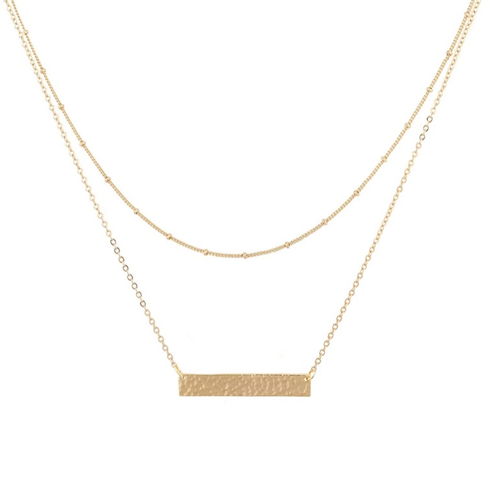 Layered Gold Necklace • Hammered Bar Pendant • Minimalist Modern